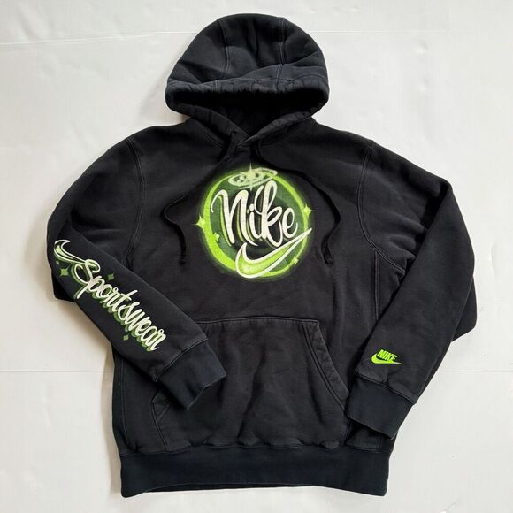Y2K Nike Sportswear Graffiti Logo Graphic Hoodie Sweatshirt Black Green Small - Picture 1 of 7